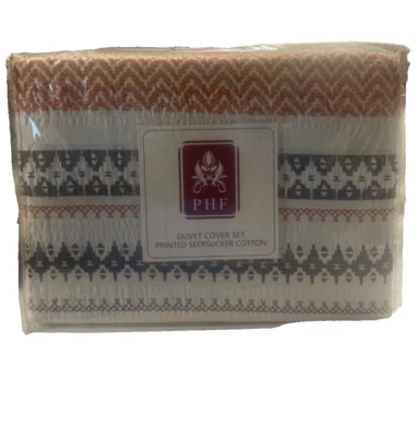 PHF Printed Seersucker Duvet Cover Set 100% Cotton, Orange Red, Boho, King - Image 1 of 4