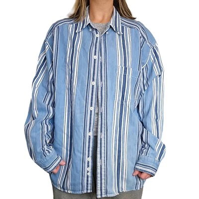 复古 90 年代男式 XL 薄牛仔条纹纽扣衬衫长袖蓝色学院风 — 第 1/4 张图片