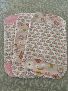 set of 3 Handmade Baby Burp Cloths Raggy Pink Sunshine & Daises Rainbows Girl - Picture 1 of 3