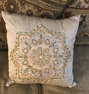 New Purva Design Throw Pillow Natural Beige Beaded Sequined 16 X 16 Back Zipper - Picture 1 of 13