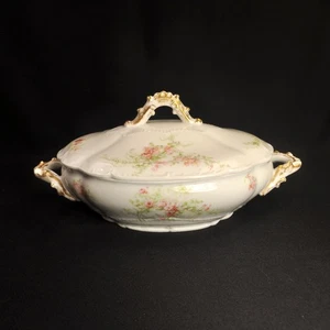 Limoges LRL Bowl Vegetable Covered Casserole Pink Green 1920's Floral w/Gold - Picture 1 of 12