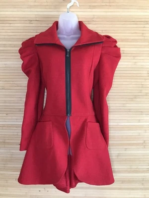Samuel Dong sz M Red Bubble shoulder Ruffle Trench Coat Jacket wool blend - Image 1 of 4