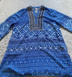 Chico's Women Geometric Rhinestone 3/4 Sleeve Henley Blouse Blue Size 3 (US 16) - Picture 1 of 10