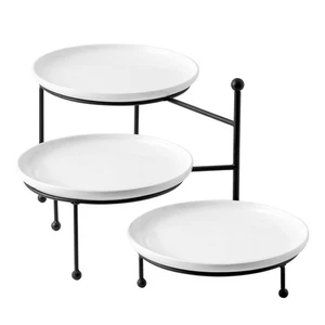 3 Tiered Serving Stand with White Porcelain Plates, 10" Round Tray, Dessert T... - Picture 1 of 9