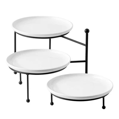 3 Tiered Serving Stand with White Porcelain Plates, 10" Round Tray, Dessert T... - Image 1 of 4