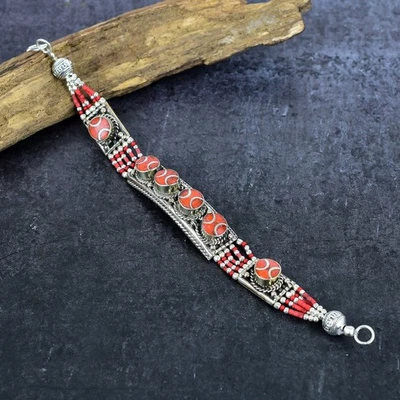 Pulsera nepalí delicada joyería de plata esterlina maciza 925 hecha a mano con piedras preciosas de coral Foto 1 de 4