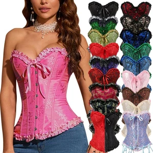 Womens Overbust Boned Corset Burlesque Basque Top Lace-Up Costume Waist Trainer - Picture 1 of 43