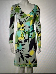 Emilio Pucci Floral Print V Neck Dress w/ Tie Belt, Sz 40/6 - Picture 1 of 8