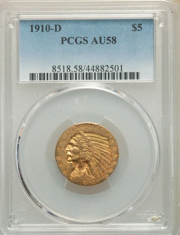 1910-D INDIAN HEAD $5 HALF EAGLE GOLD PCGS AU58 Cover