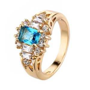 Anillo de compromiso relleno de oro amarillo de 14 quilates con banda azul aguamarina para mujer talla 6-10 - Imagen 1 de 13