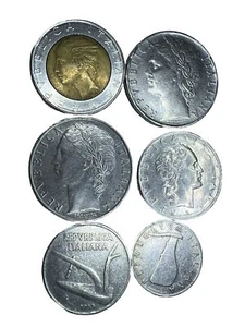 ITALY LIRES 6 OLD COINS $500-$100-$50-$10-$5 FROM 1954-1964 Extra 1984. VF - Picture 1 of 4