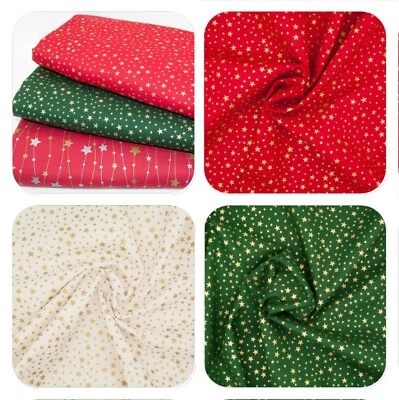100% Cotton Christmas Fabric METALLIC GOLD SILVER STARS Red Green Ivory Material
