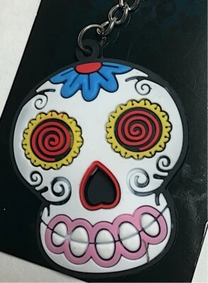 White Sugar Skull Badass Keychain Zipper Pull Day Of Dead Dia Muertos Rubber - Image 1 of 3