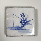 Antique 16th Century Delf Tile Man Fishing Blue And White Holland