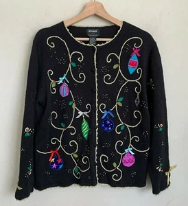 Designers Originals Studio Black Cardigan Christmas Ornament Metallic Yarn Sz L - Picture 1 of 6
