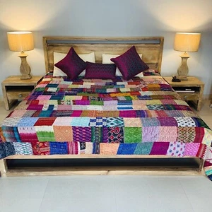 Vintge Turquoise Pure Silk Bedcover indian Handmade Kantha Quilt Large Patola - Picture 1 of 6