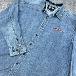 Harley Davidson Shirt Mens 3XL Blue Denim Chambray Born to Ride Big Graphic - Picture 1 of 9