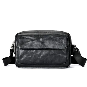 Mens Leather Crossbody Bag Black Shoulder Bag Multi-Pocket Sling for Travel - Picture 1 of 20