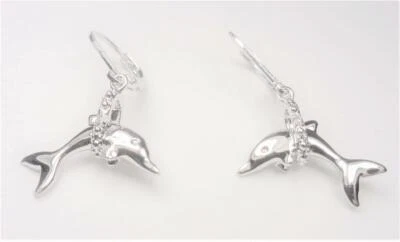 PENDIENTES DE DELFÍN NÁUTICO TONO PLATA RODIO MODA PLAYA CON CIRCONITA CÚBICA Foto 1 de 4