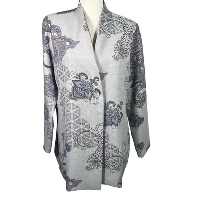 Peck & Peck Open Front Blazer Jacket L Gray Paisley Floral Button Career Boho - Image 1 of 4