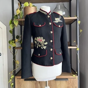 Zara Embroidered Military Jacket M / 10 Black Red Mix Blazer Birds Hardly Worn - Picture 1 of 12
