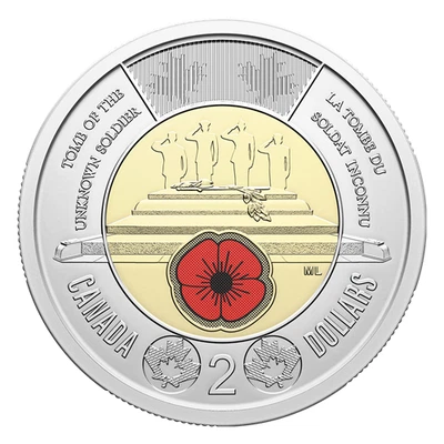 New 2025 Remembrance Day Poppy Tomb Unknown Soldier $2 - Coloured Coin - UNC! - Image 1 of 3