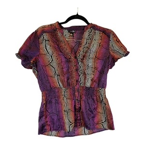 East 5th V Neck Purple Black Orange Colorful Snake Skin Look Women’s Top Medium - Picture 1 of 7