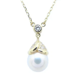 MIKIMOTO 18K Yellow Gold Necklace Pearl 8.5mm Diamond /294345 - Picture 1 of 7