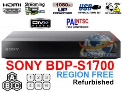 SONY BDP-S1700 Refurbished REGION FREE BLU-RAY DVD PLAYER ZONE A B C DVD 0-8 USB - Image 1 of 4