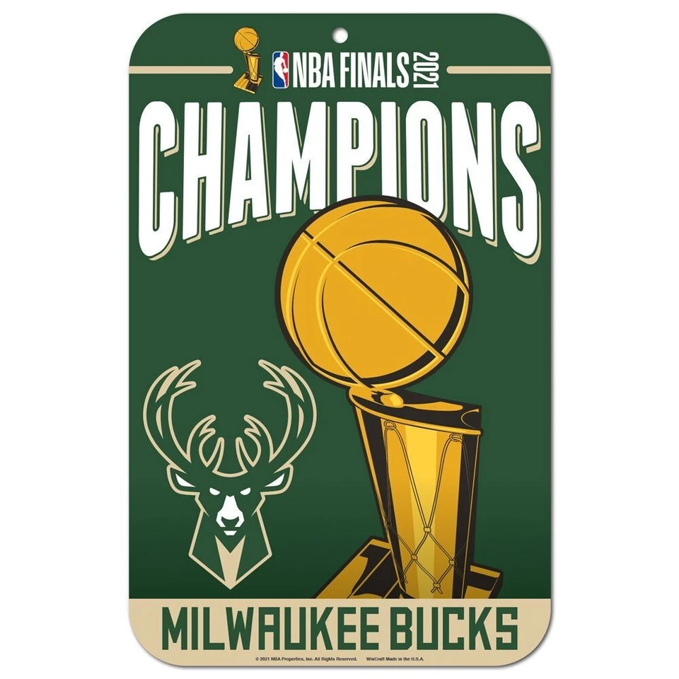 Milwaukee Bucks Wincraft NBA 2021 World Champions 11" x 17" Plastic Fan Sign New - Image 1 of 1