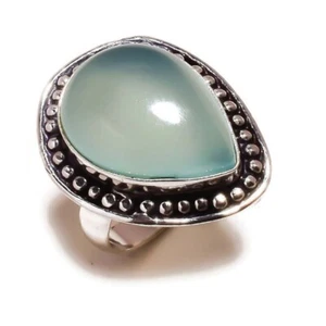 Anillo distintivo hecho a mano con piedras preciosas cabujón calcedonia azul aguamarina natural US-7 - Imagen 1 de 2