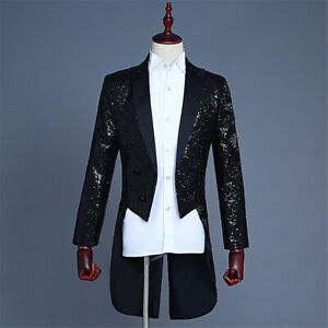 Vintage Glitter Sequin Jackets Men's Tail Coat Fancy Show Costume Party Tuxedo
