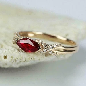 14k Yellow Gold Plated 2Ct Marquise Simulated Red Ruby Engagement Solitaire Ring - Picture 1 of 3