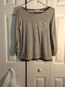 ANN TAYLOR LOFT Women’s SZ S Gray White Striped Hi Low Tunic - Picture 1 of 3