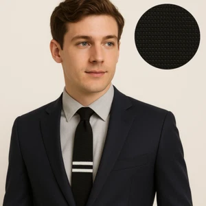 Fine HandKnit Mens Black & Cream White Stripe Knitted Tie Skinny Cotton UK 108 - Picture 1 of 3