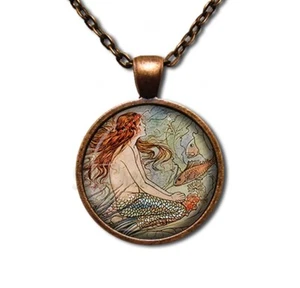 Vintage Art Mermaid Magical Sea - Handmade ROUND Glass Pendant Necklace - Picture 1 of 10