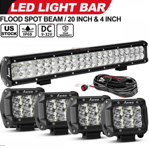 20inch Flood Spot Combo Beam LED Work Light Bar + 4'' Pods Cube Driving + Wiring - Imagen 1 de 11
