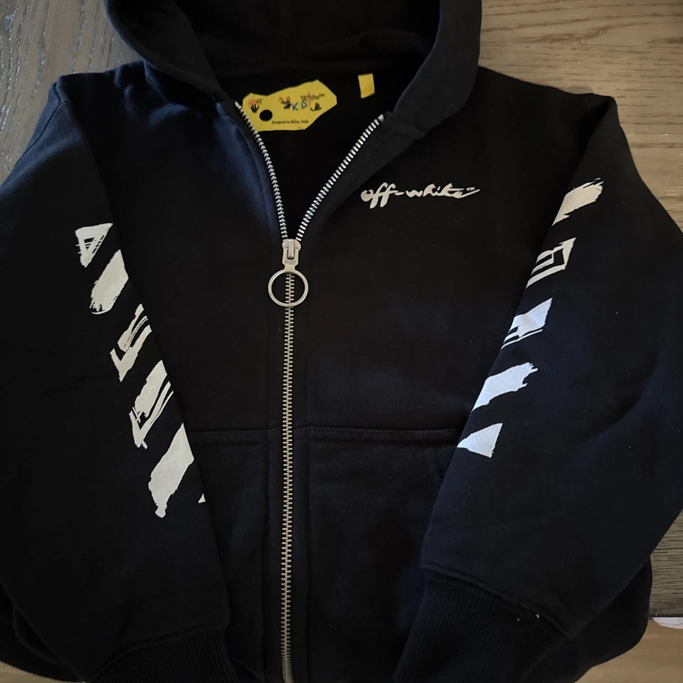 $410 Off-White Kids Boys Black Logo Shape Zip-Up Hoodie Sweater Size 6 - Image 1 of 4