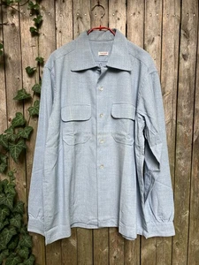 L. 1950s NOS 24.5"p2p Gabardine Loop Collar Shirt Blue Flap Pocket USA Deadstock - Picture 1 of 19