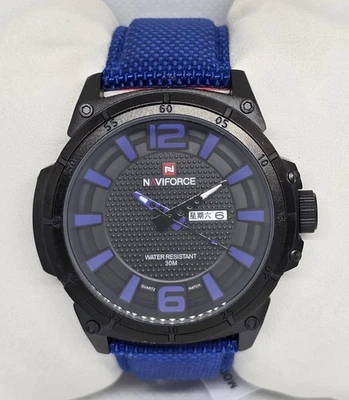 Men's Naviforce NF9066M Round Black Dial Date/Day Blue Nylon Strap Watch 08 - Image 1 of 4