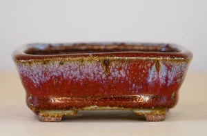 Japanese Bonsai Pot AKINAO 3.7"(9.3cm) Shinsha-yuu Glazed Rectangle Y928 - Picture 1 of 11