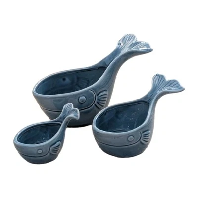 Grasslands Road Coastal 陶瓷鲸鱼碗 3 件套蓝色雕刻碗新品! — 第 1/4 张图片