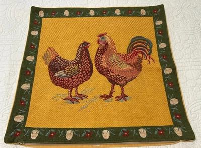 J. Pansu Paris Tapestry Rooster & Hen Pillow Cover 18"x18" Velvet Back - Image 1 of 4