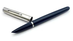 VINTAGE PARKER 51 FOUNTAIN PEN MIDNIGHT BLUE 14K OBLIQUE MEDIUM NIB MADE IN USA - Foto 1 di 14