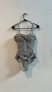 Boden OnePiece Swimsuit White Blue Nautical Striped Print Ruched Sz 8 - Picture 1 of 8
