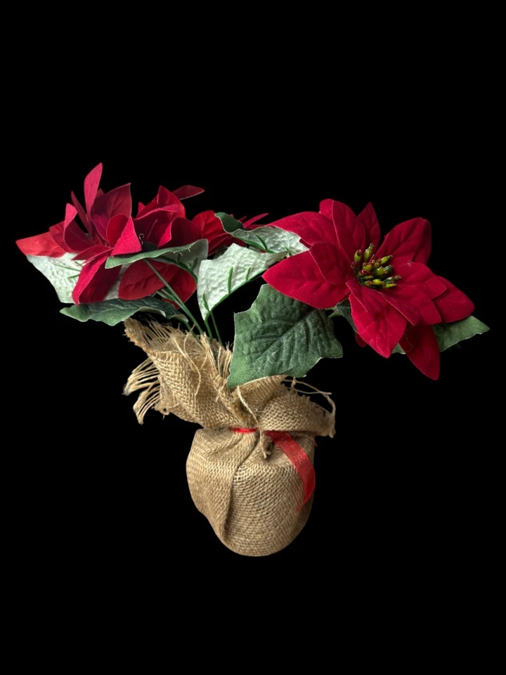 Artificial Poinsettia Flower Arrangement in Burlap Wrap |Christmas Holiday Decor - Image 1 of 4