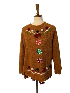 Ugly Dark Gold Christmas Sweater. SZ. Med. Ornaments, Bow, Pom-Poms. Red Green - Picture 1 of 13