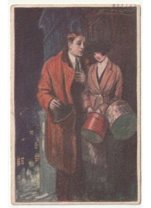 1921 Mauzan antica cartolina innamorati cappotti moda d'epoca - Picture 1 of 2