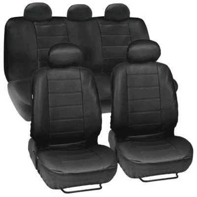 PU Synthetic Leather Black Seat Cover Car Genuine Leather Feel Front & Rear Set - Image 1 of 4