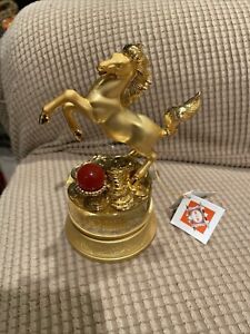 Feng Shui Chinese Horse Money Wealth Statue Glass Spin Stand